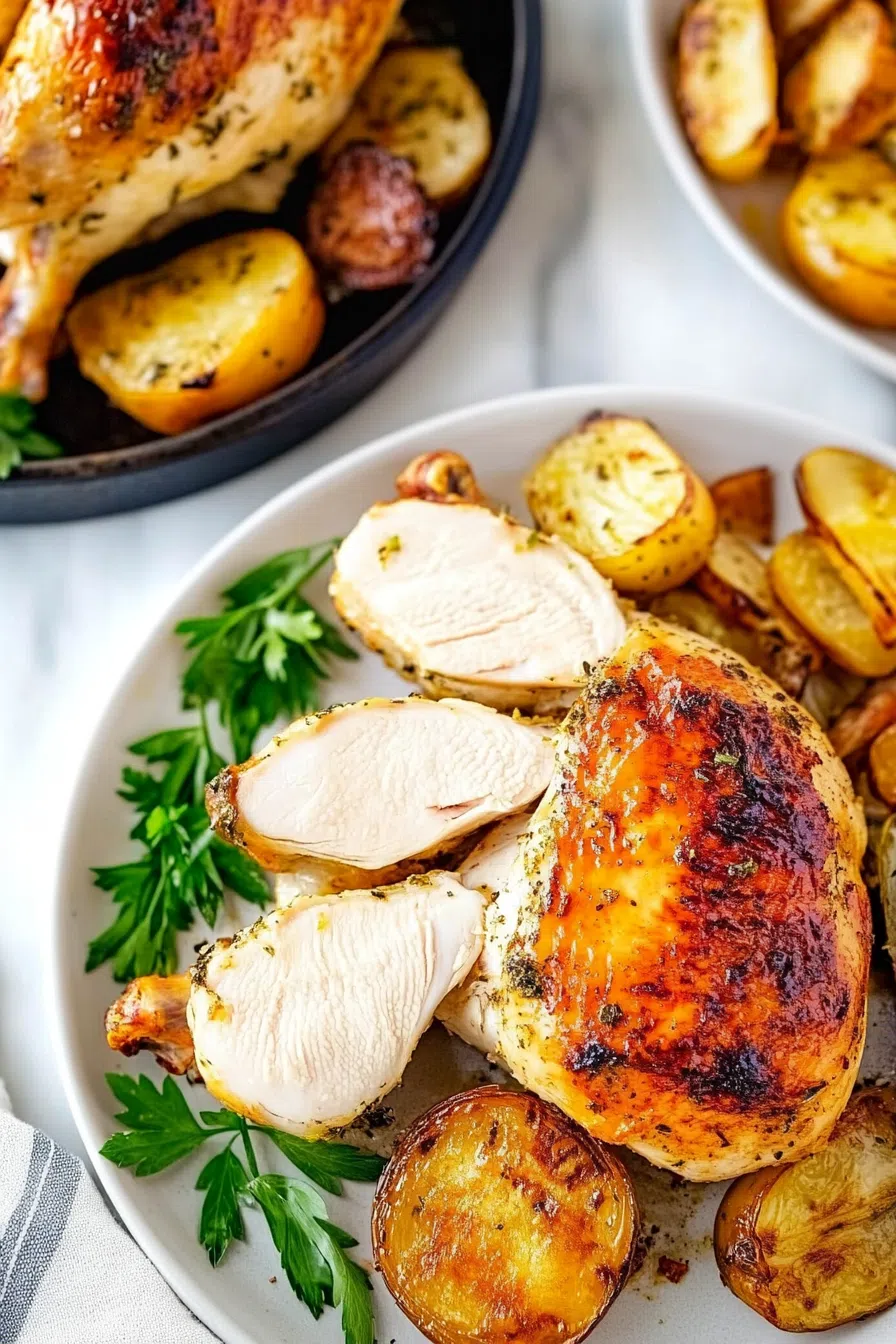 Overhead view of a whole roasted entrée surrounded by lemon slices and herbs