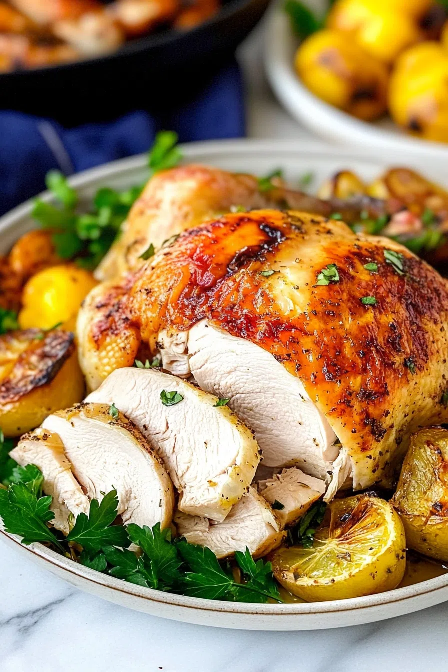 Crispy, oven-roasted bird with charred edges and juicy, tender meat