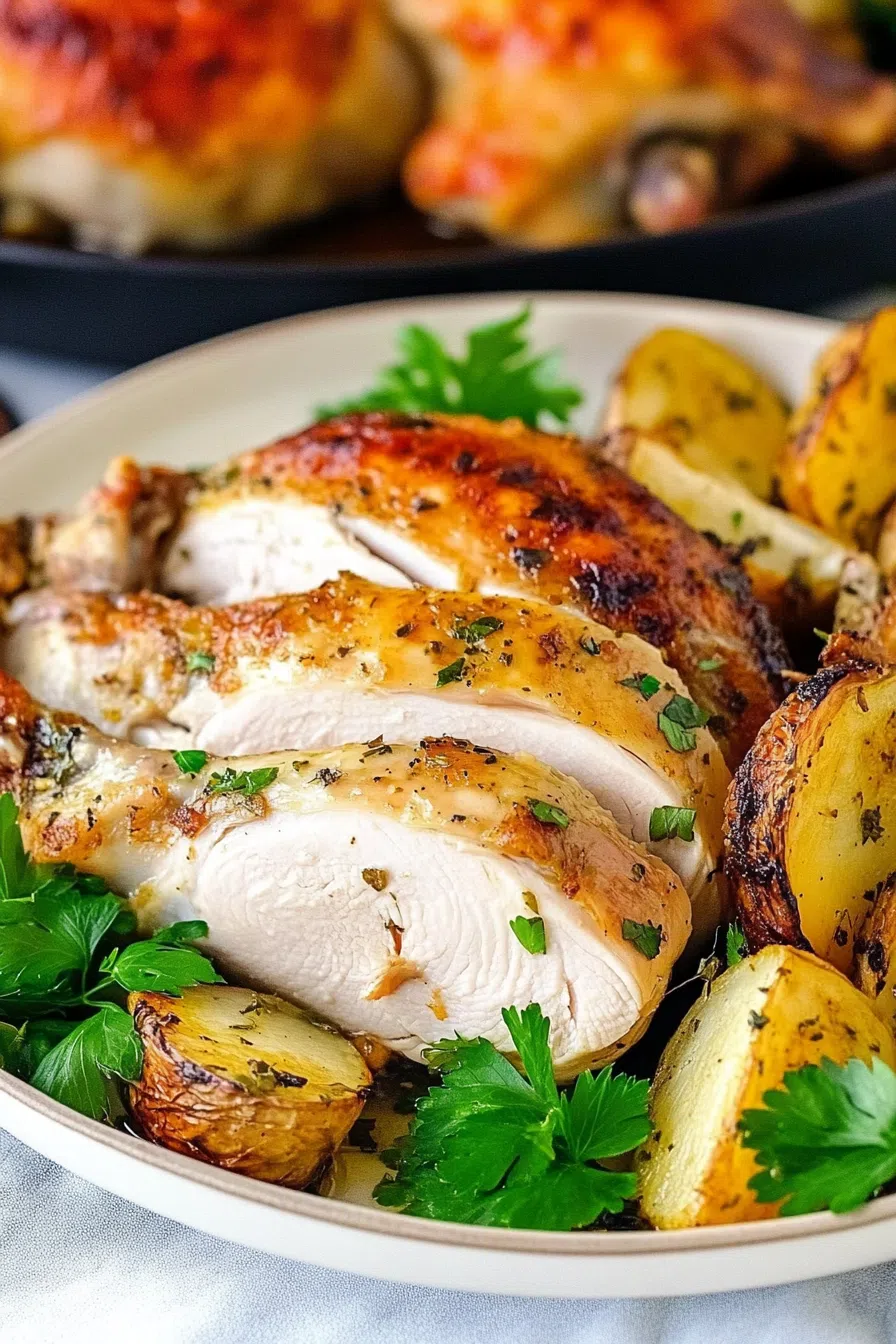 Carved chicken pieces arranged neatly on a platter with a garnish of rosemary