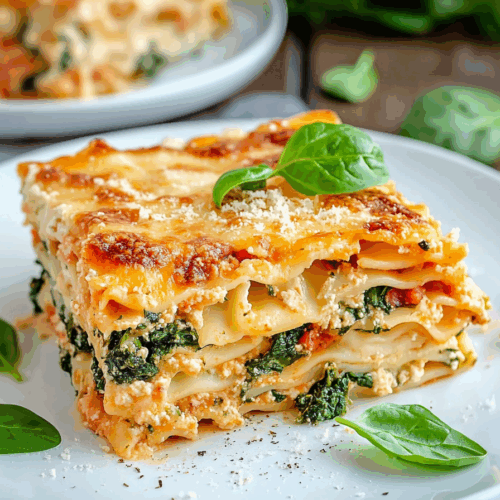 Hearty baked pasta slice served on a plate with visible layers of sauce and cheese