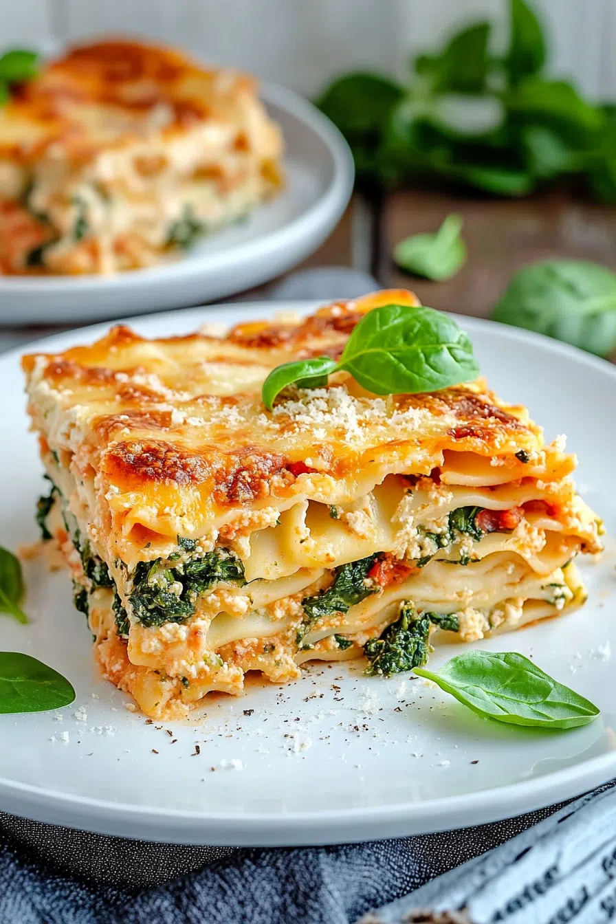 Hearty baked pasta slice served on a plate with visible layers of sauce and cheese