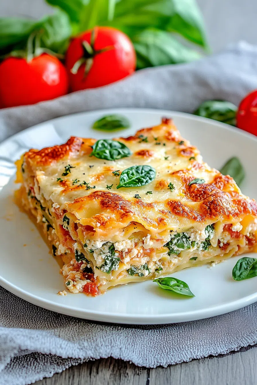 Single serving of a layered baked entrée with hints of herbs and creamy filling