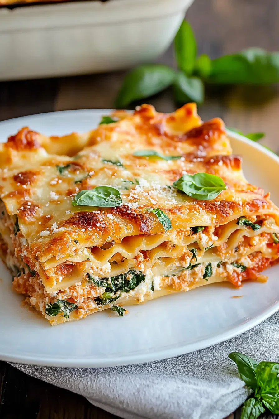 Single serving of layered pasta on a white plate, garnished with herbs