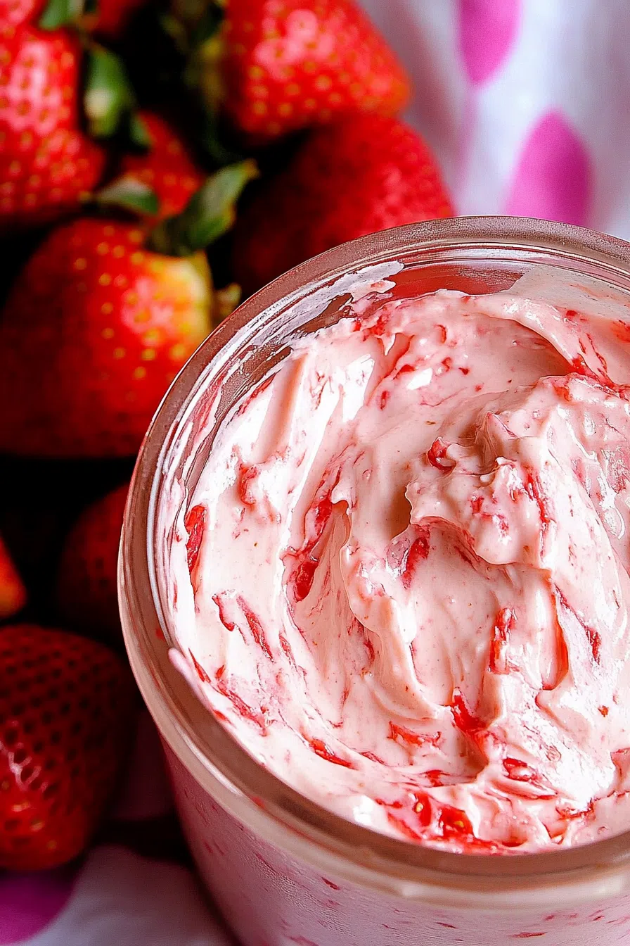 Small glass dish with a vibrant, smooth topping next to fresh strawberries.