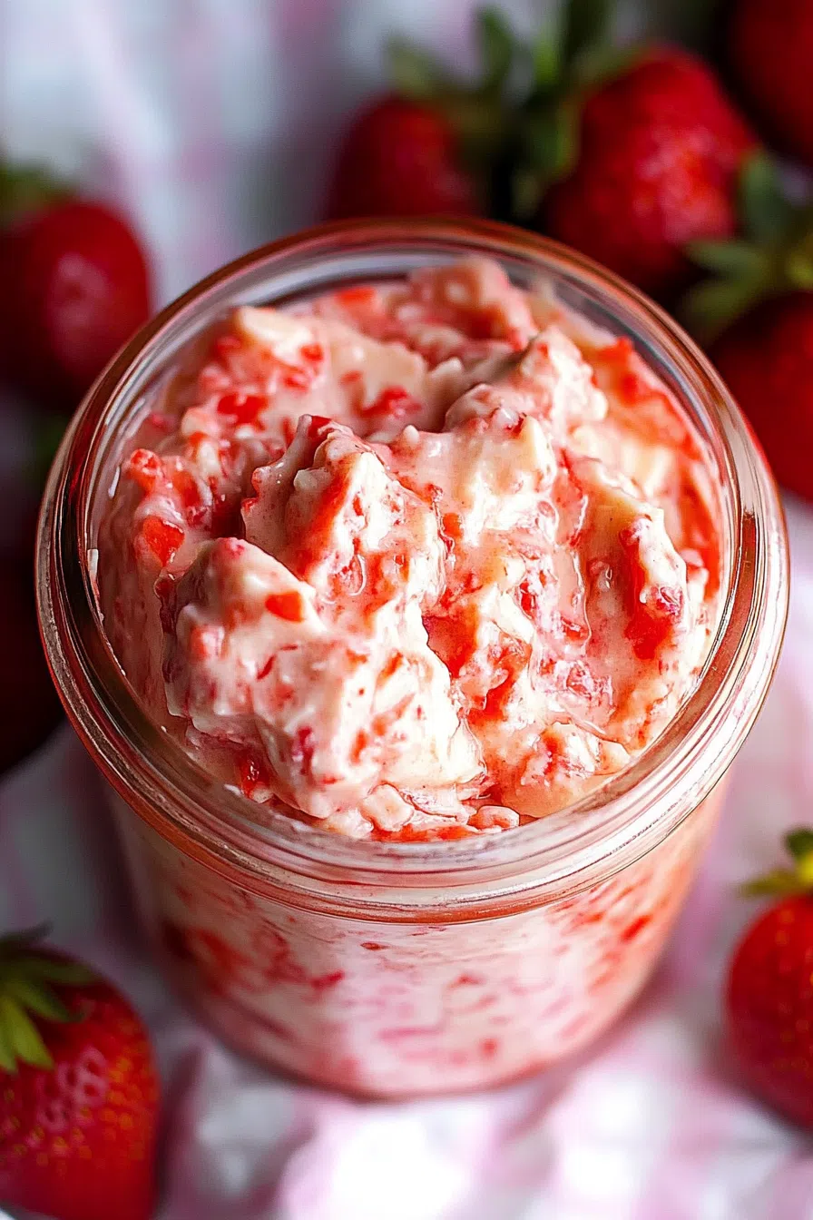 Smooth, whipped mixture displayed in a glass jar next to fresh fruit.