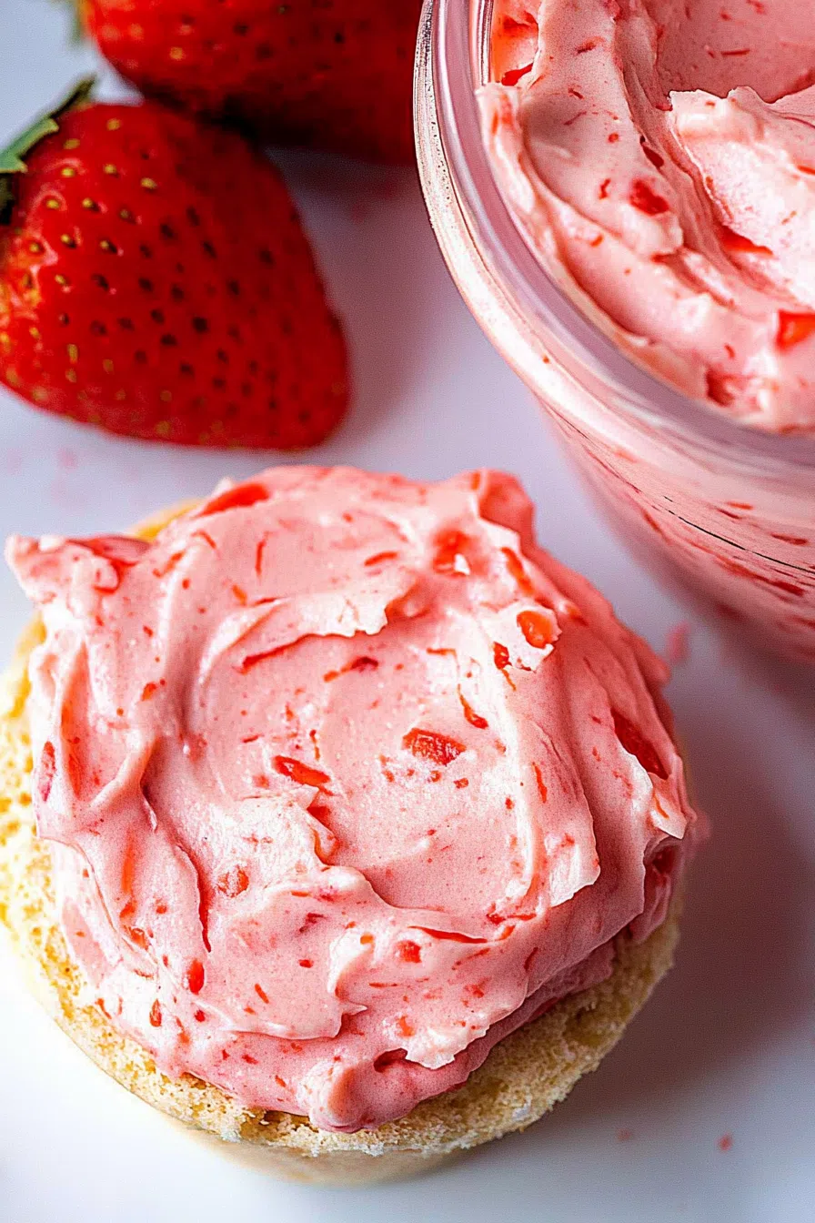 Close-up of a creamy fruit-tinted spread on toasted bread slices.