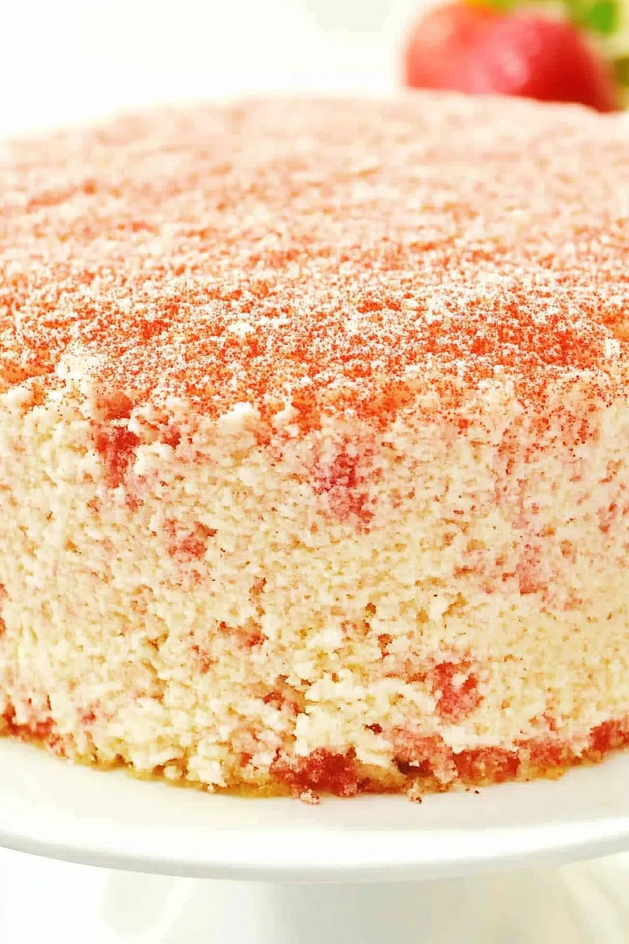 Close-up of a creamy cake topped with crumbled cookies and fresh fruit pieces.