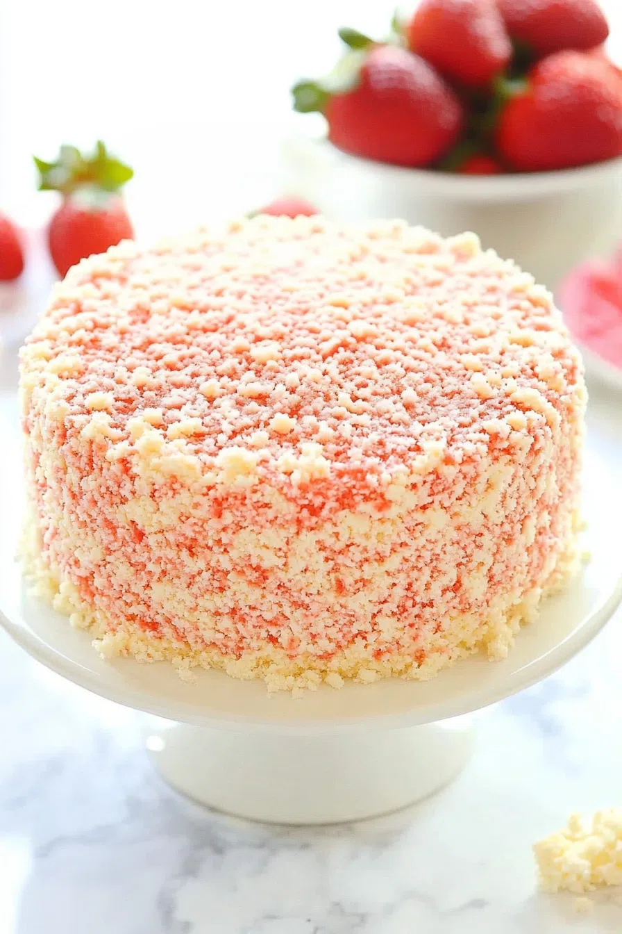 Thick, multi-textured dessert placed on a cake stand with crumbs scattered around.