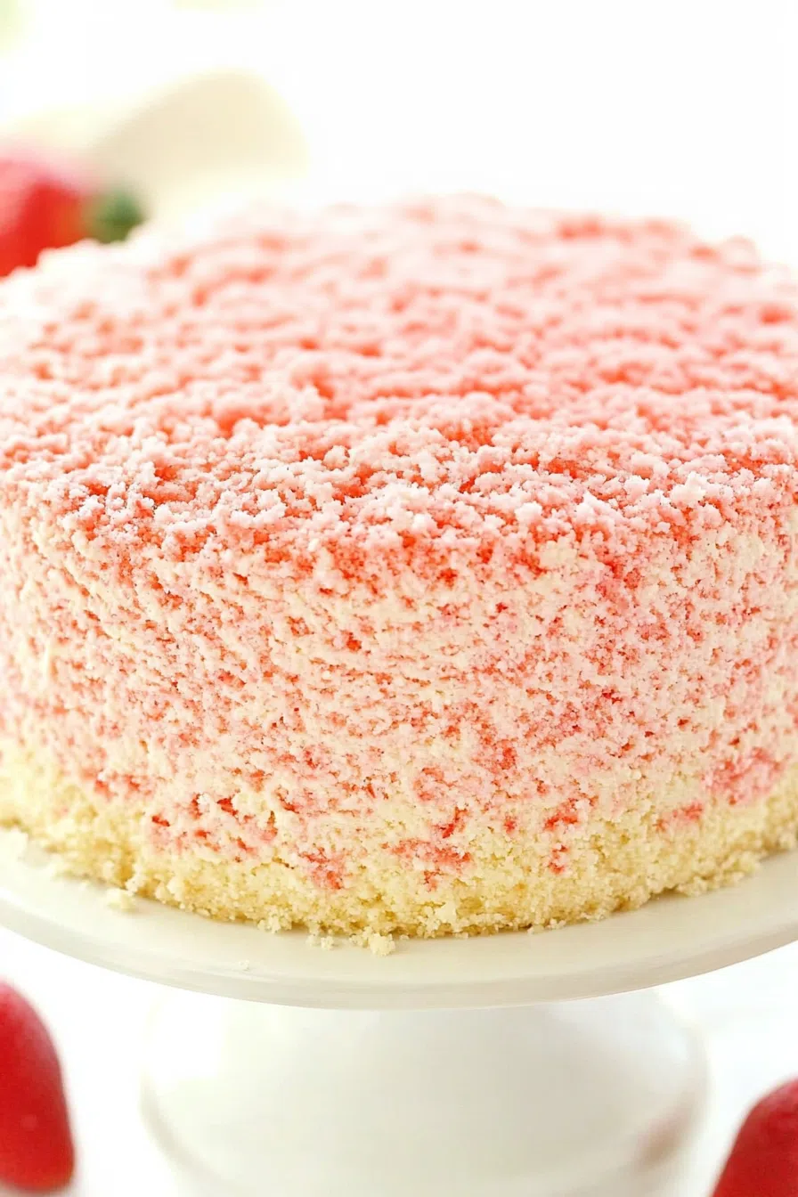 Crumb-covered cake with a smooth texture and pastel-toned layers, placed on a stand.