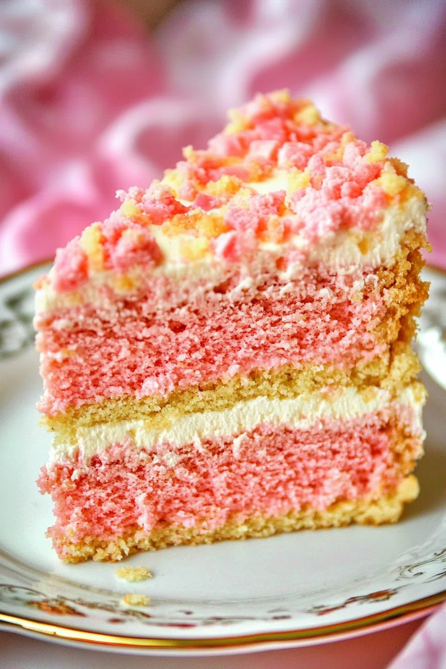 A slice of layered dessert with a crumb topping and pink swirls throughout.