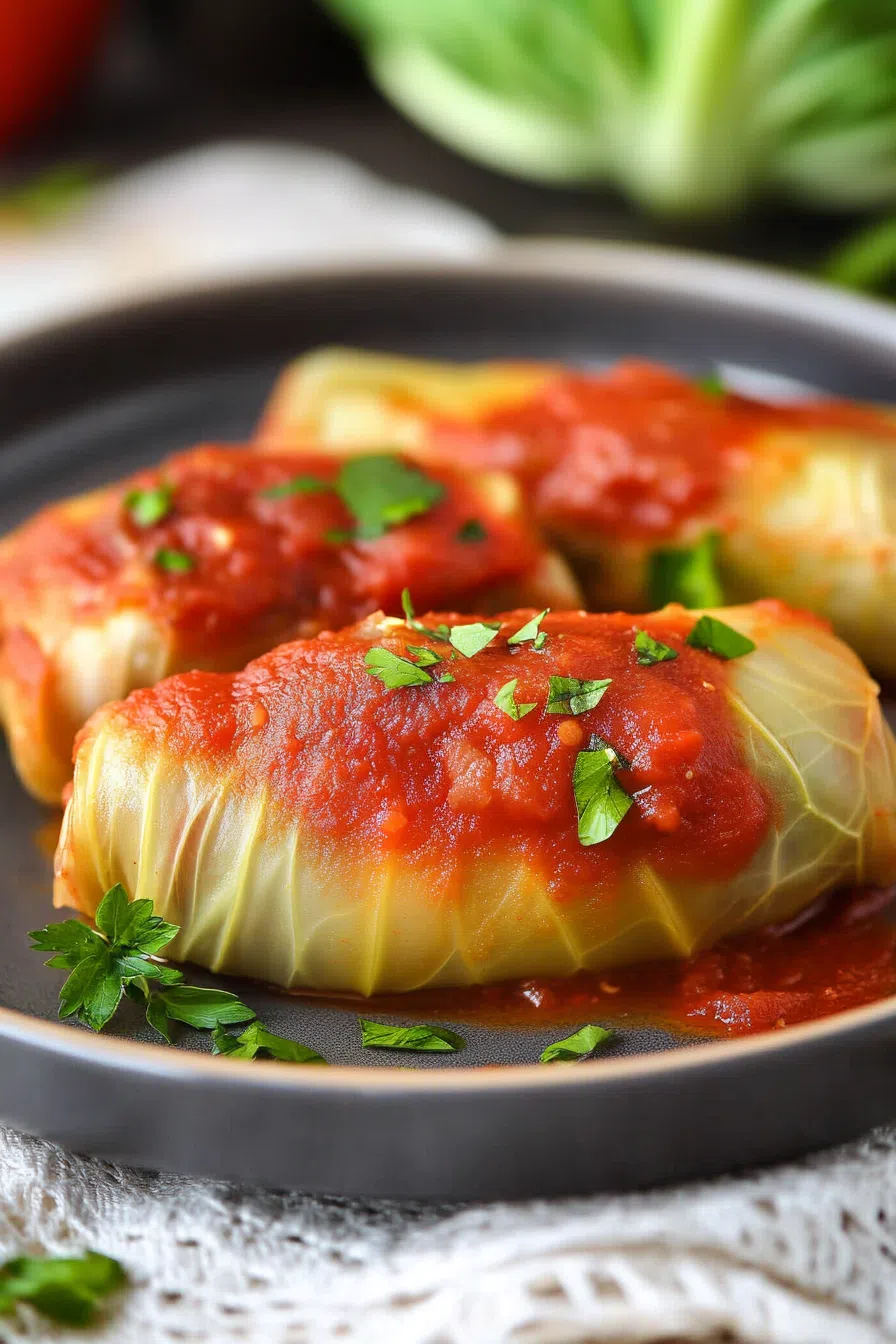 Rolled and baked dish topped with a rich red sauce, served in a casserole dish.
