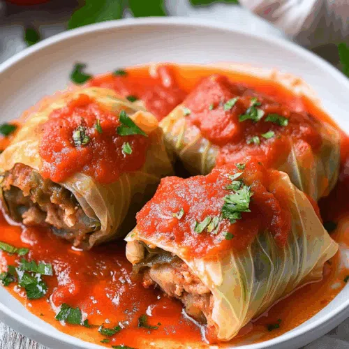 Close-up of a savory meal with hearty filling and a tomato-based topping.
