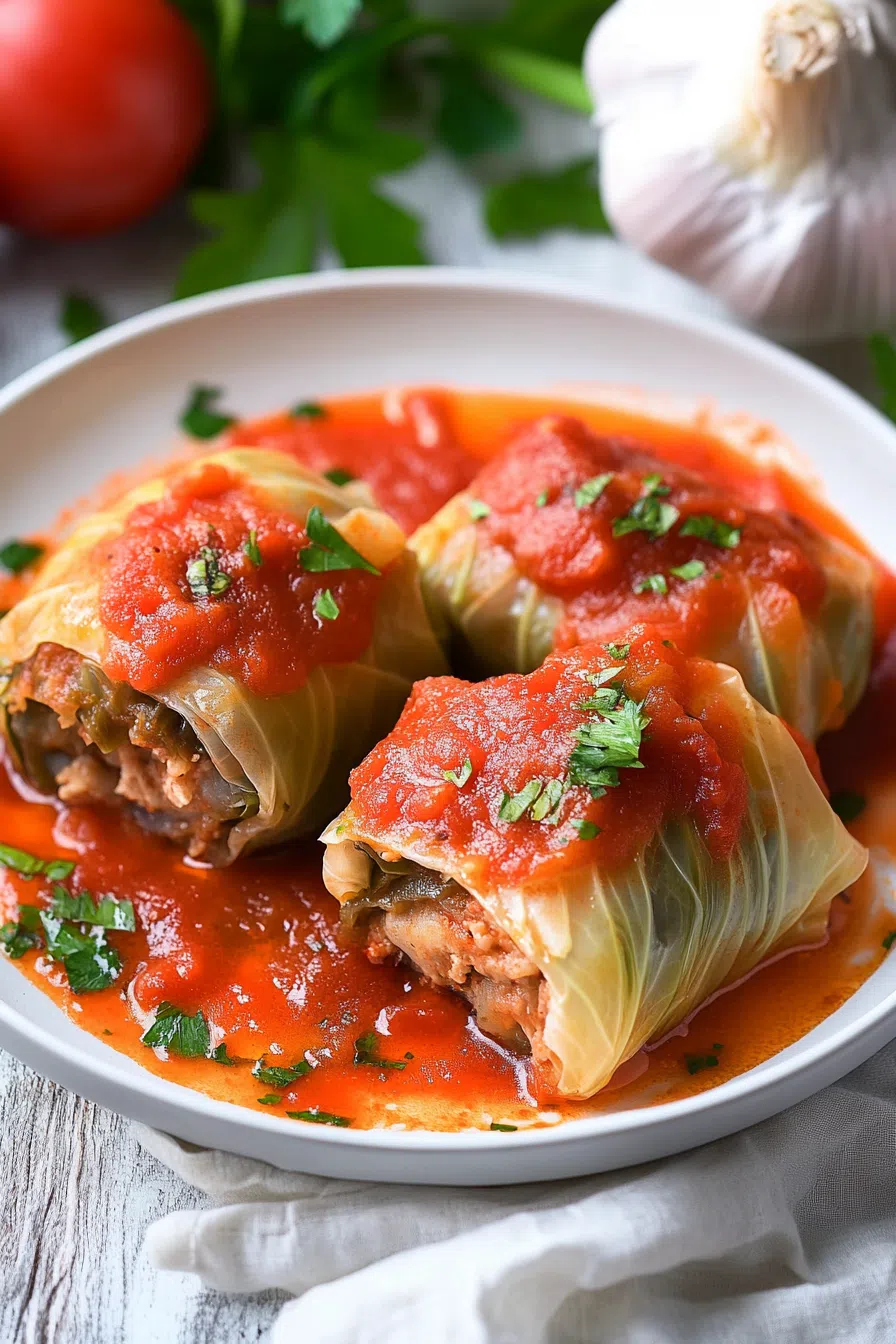 Close-up of a savory meal with hearty filling and a tomato-based topping.