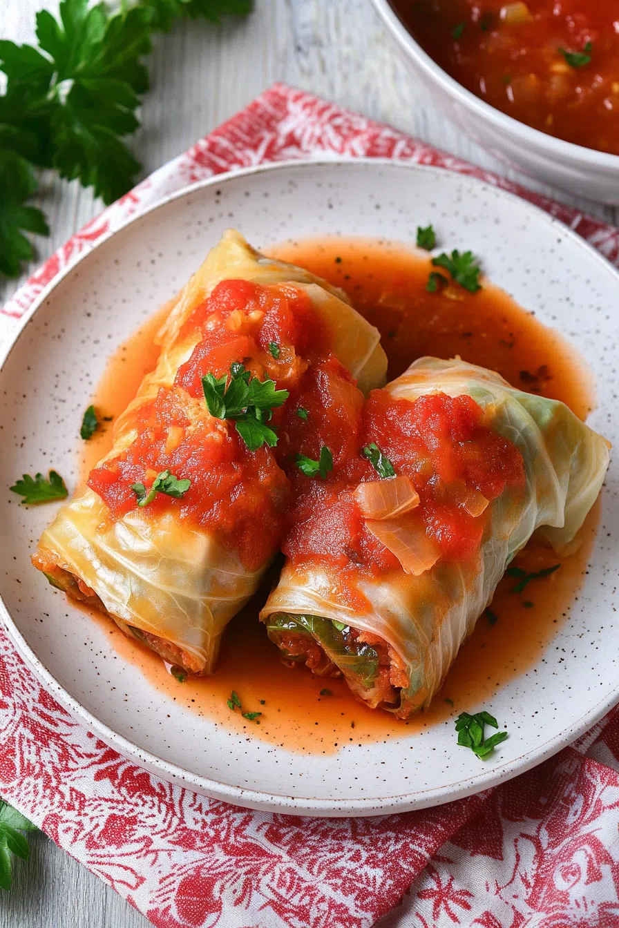 Golden-brown rolls nestled in thick tomato gravy, garnished with herbs.