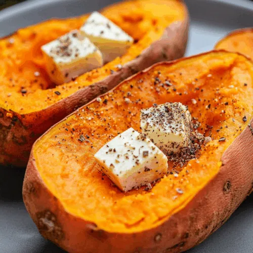 Overhead view of a cooked tuber on a plate with a sprinkle of cinnamon