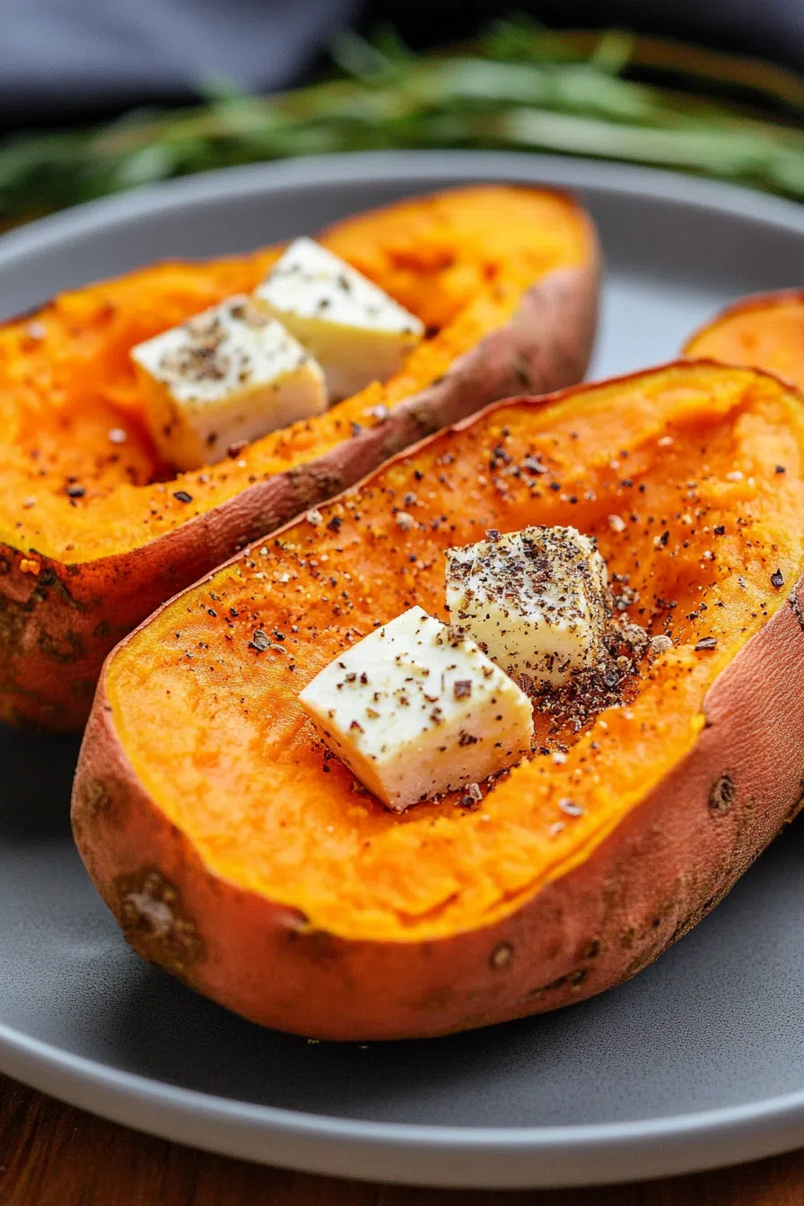 Overhead view of a cooked tuber on a plate with a sprinkle of cinnamon