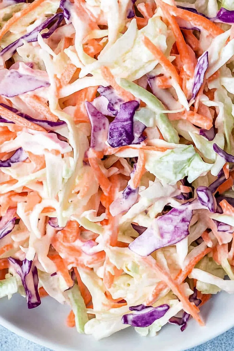 Close-up of finely shredded vegetables coated in a smooth, tangy sauce.