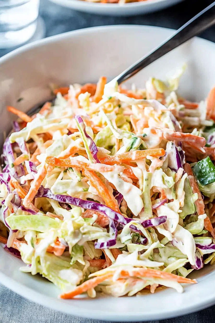 Colorful cabbage salad with creamy dressing served in a white bowl.