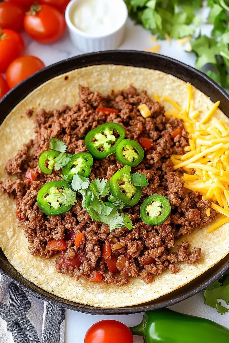 Overhead view of a pan filled with browned, saucy filling for wraps or bowls
