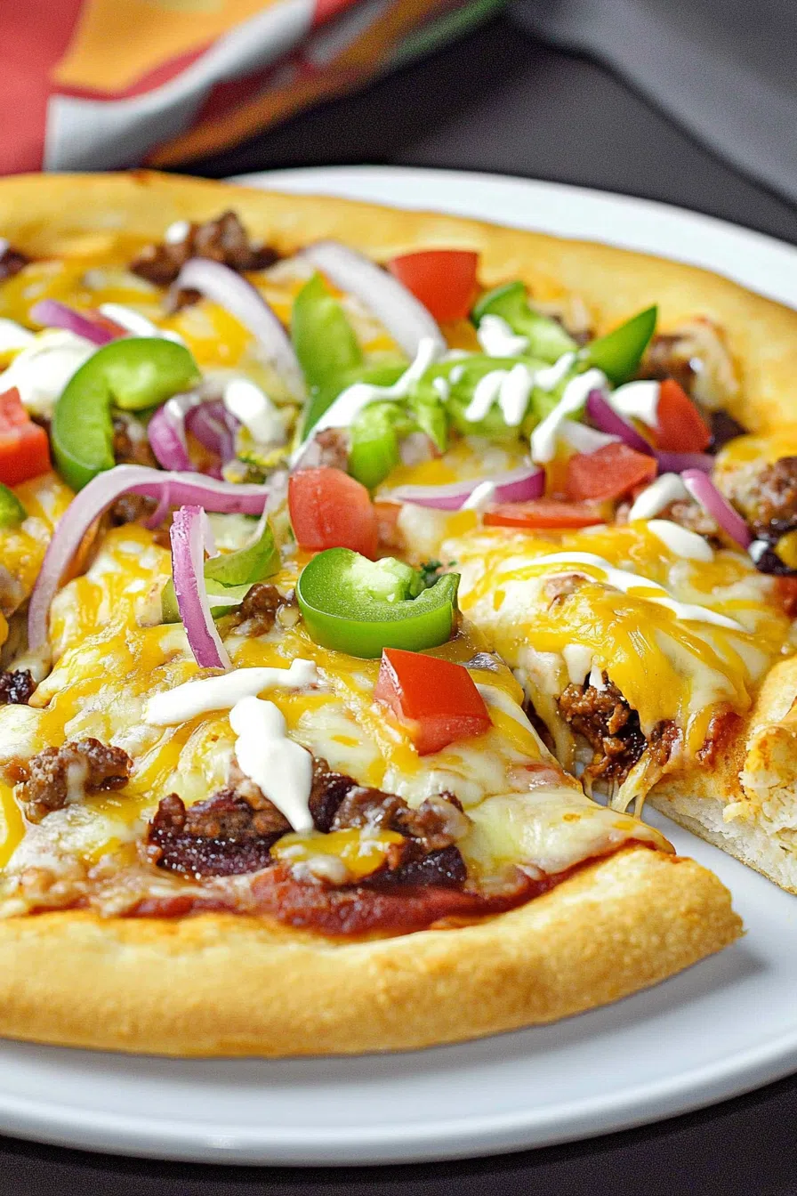 A festive, shareable dish cut into wedges and served with a drizzle of sauce.