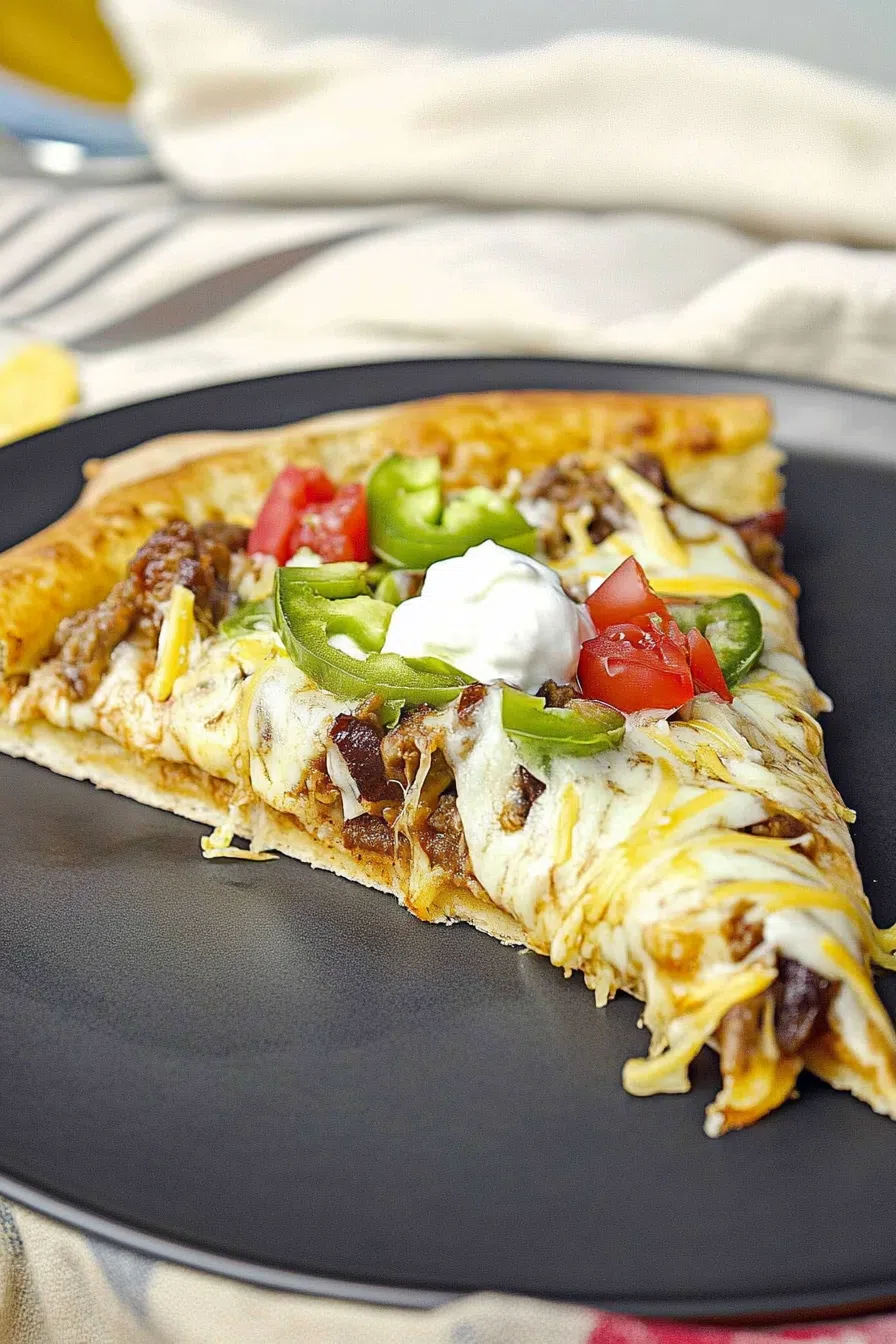 Sliced flatbread topped with colorful veggies, cheese, and herbs on a plate.