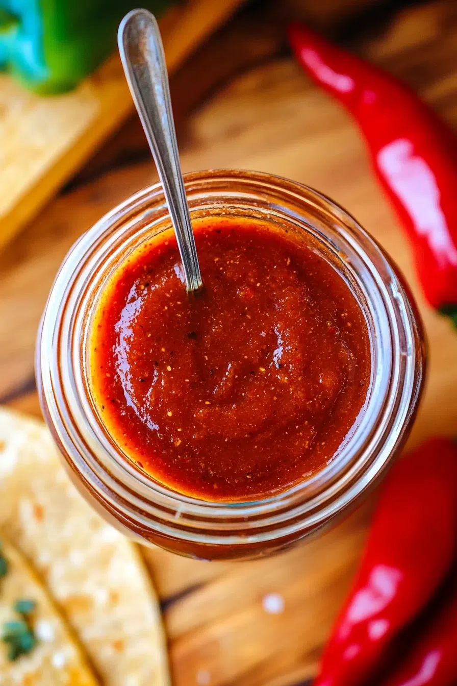 Overhead view of a dipping sauce surrounded by peppers, garlic, and lime wedges