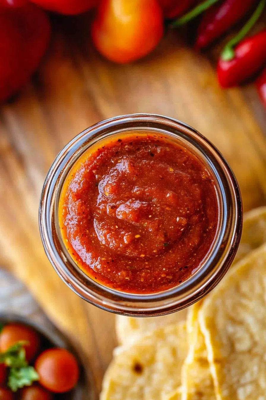 Overhead view of a jar of vibrant red sauce surrounded by chili flakes and garlic