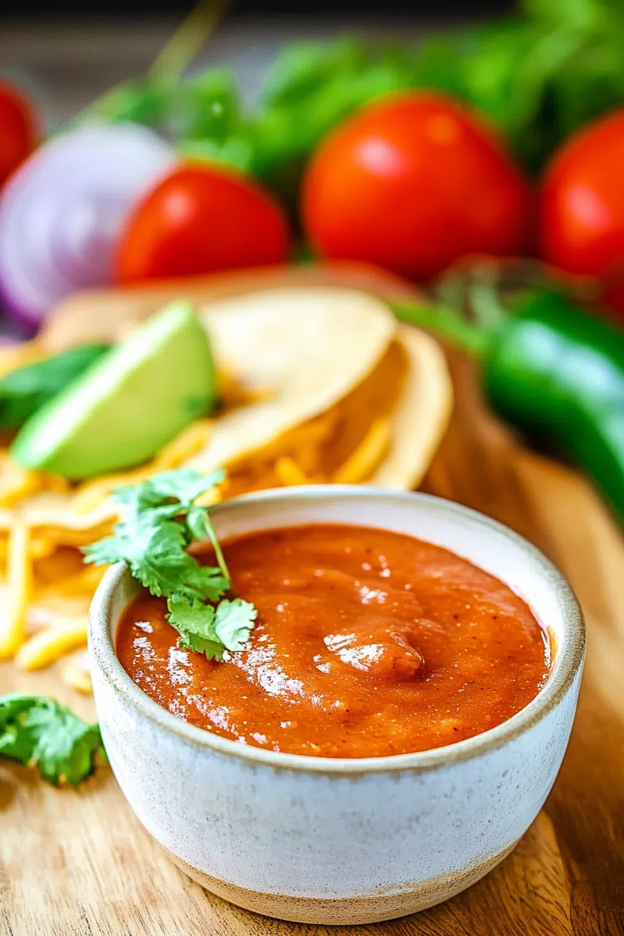 Small bowl filled with a smooth, reddish condiment alongside fresh ingredients