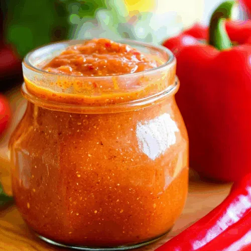 Glass jar containing a homemade, chili-colored sauce with visible seasoning
