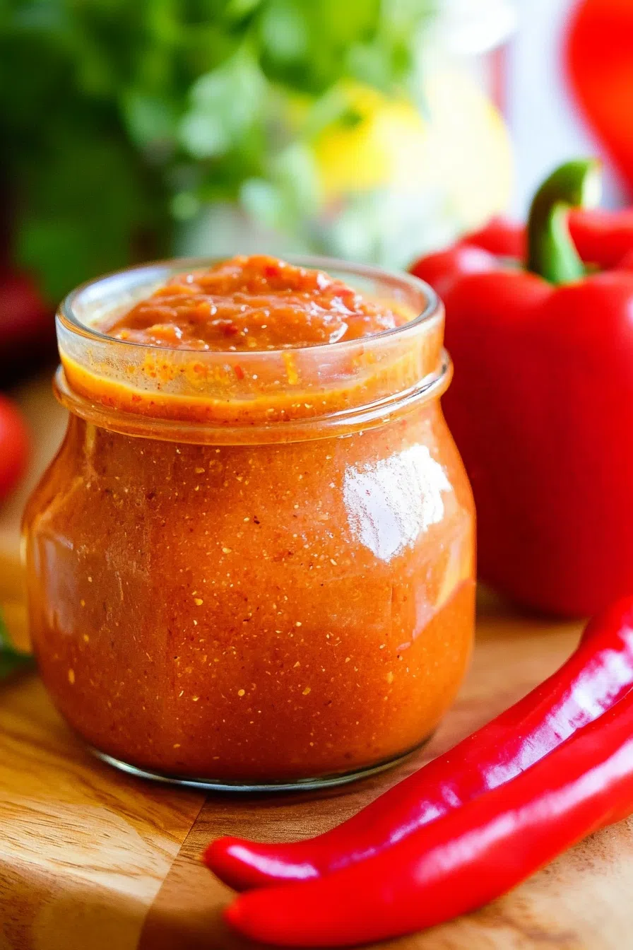 Glass jar containing a homemade, chili-colored sauce with visible seasoning