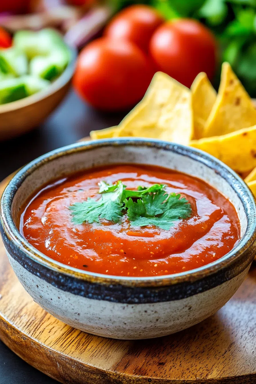 Rustic tabletop scene featuring a zesty, red sauce ready to be served