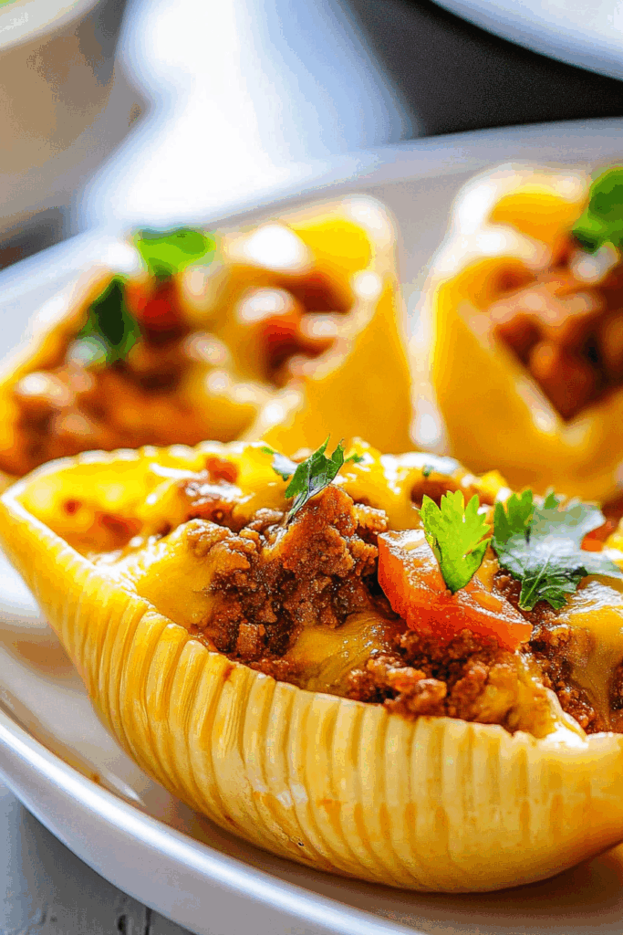 Close-up of pasta shells generously filled with a savory meat and cheese mixture, topped with fresh herbs