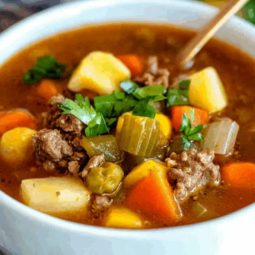 Hearty bowl of broth-based soup with chunks of meat and colorful vegetables