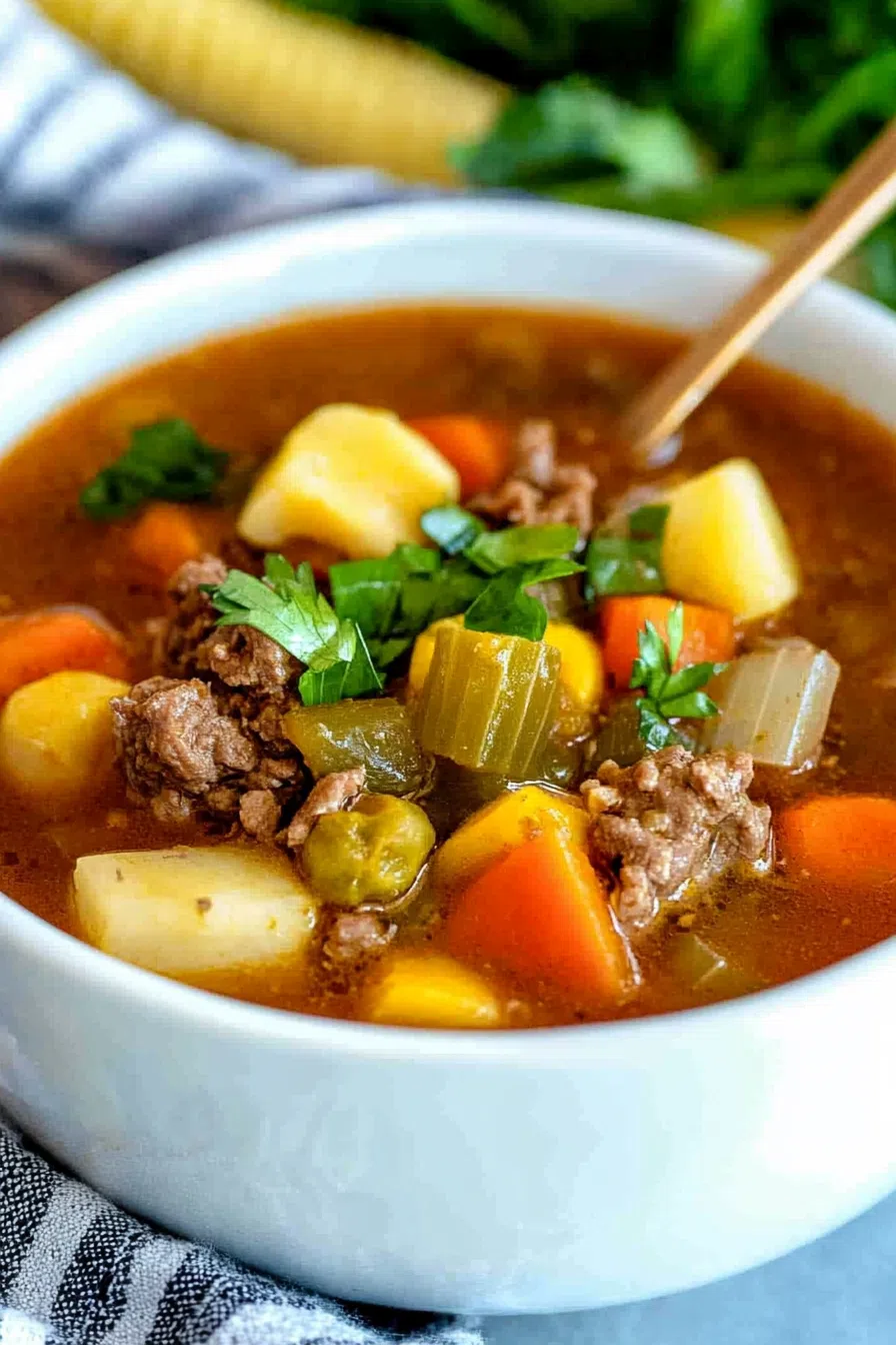 Hearty bowl of broth-based soup with chunks of meat and colorful vegetables