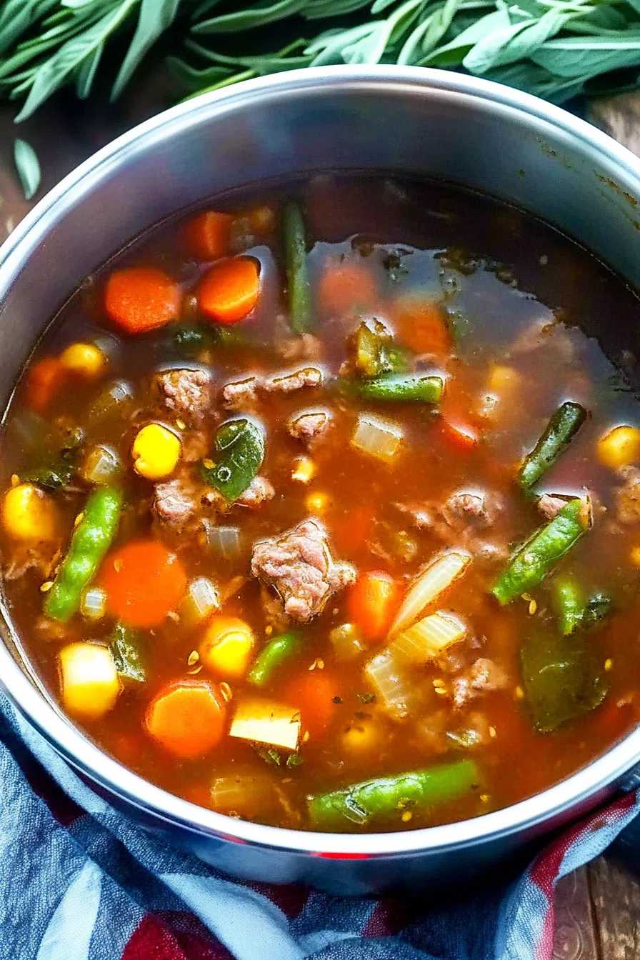 Rustic soup filled with potatoes, carrots, and herbs in a deep ceramic bowl