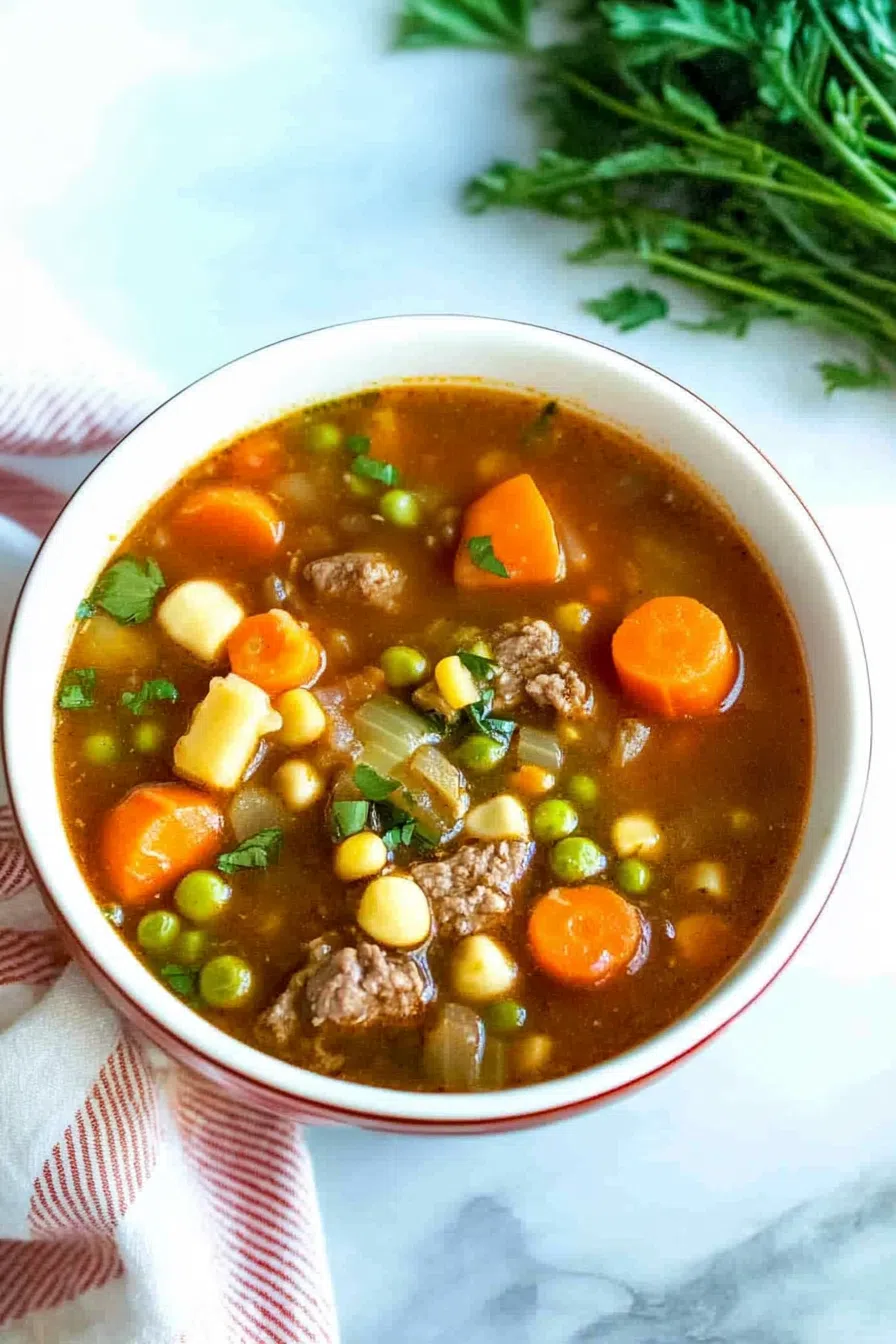 Overhead view of a warm, comforting dish served with a slice of crusty bread