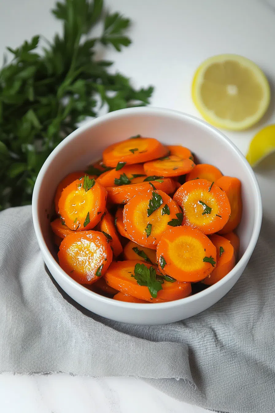 A vibrant dish of glazed carrots, glistening with a buttery sauce and fresh herbs.