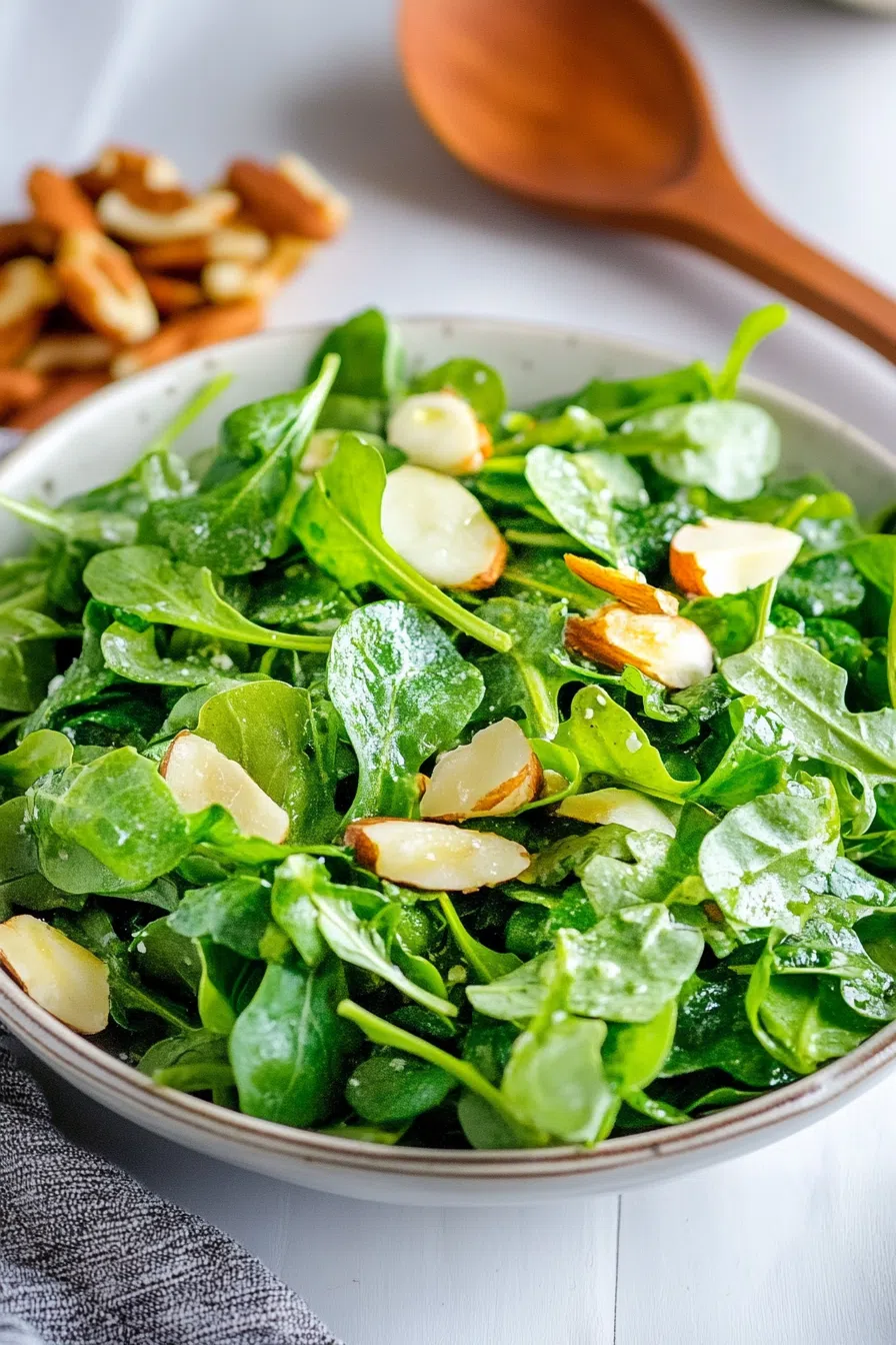 Crisp greens paired with citrus segments and toasted nuts on a ceramic plate.