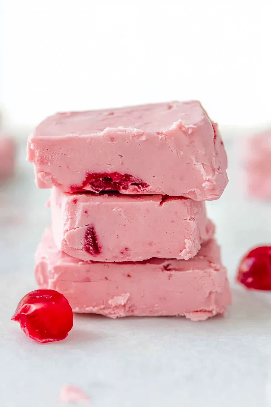 Stacked squares of pale pink and white candy with visible cherry bits.