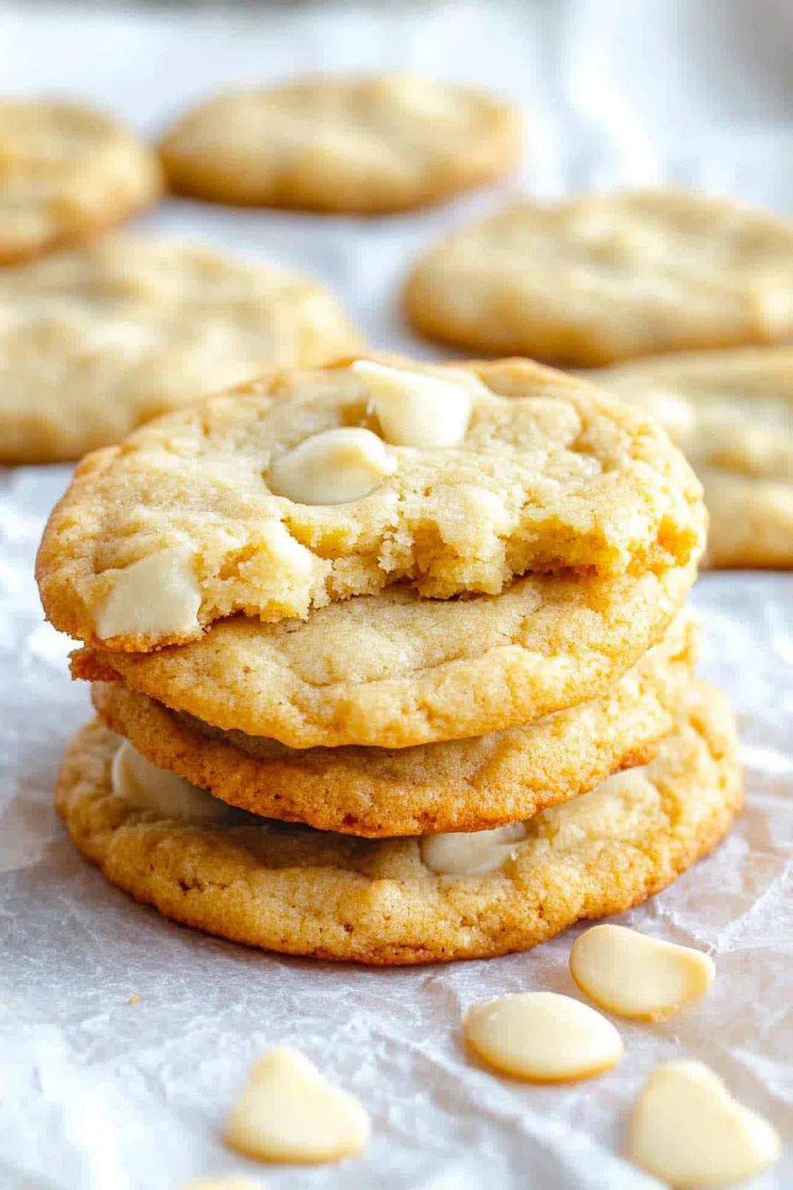 Stack of chewy cookies on a napkin with scattered chocolate chips nearby.