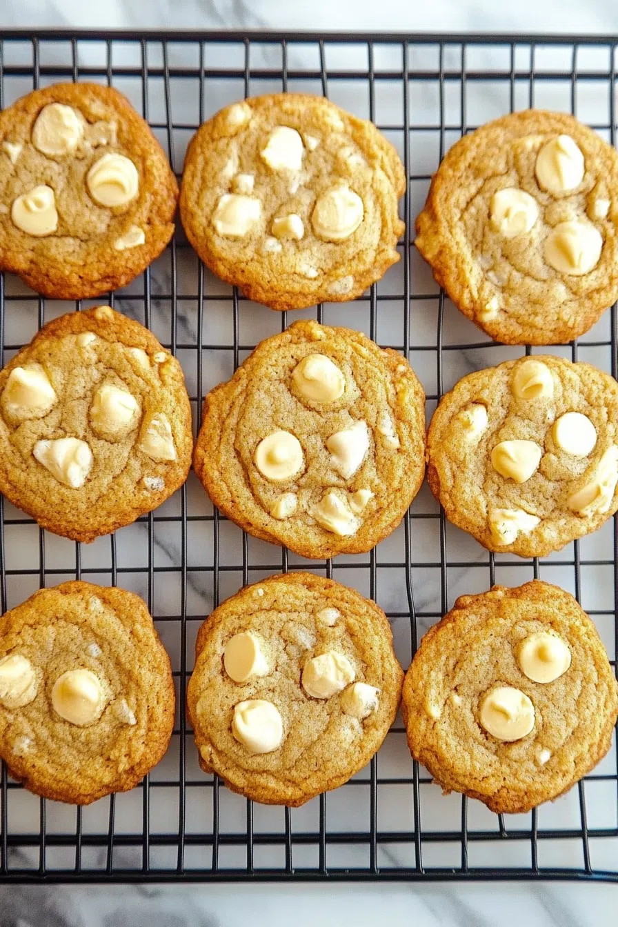 Golden brown cookies with visible white chunks, arranged on a cooling rack.
