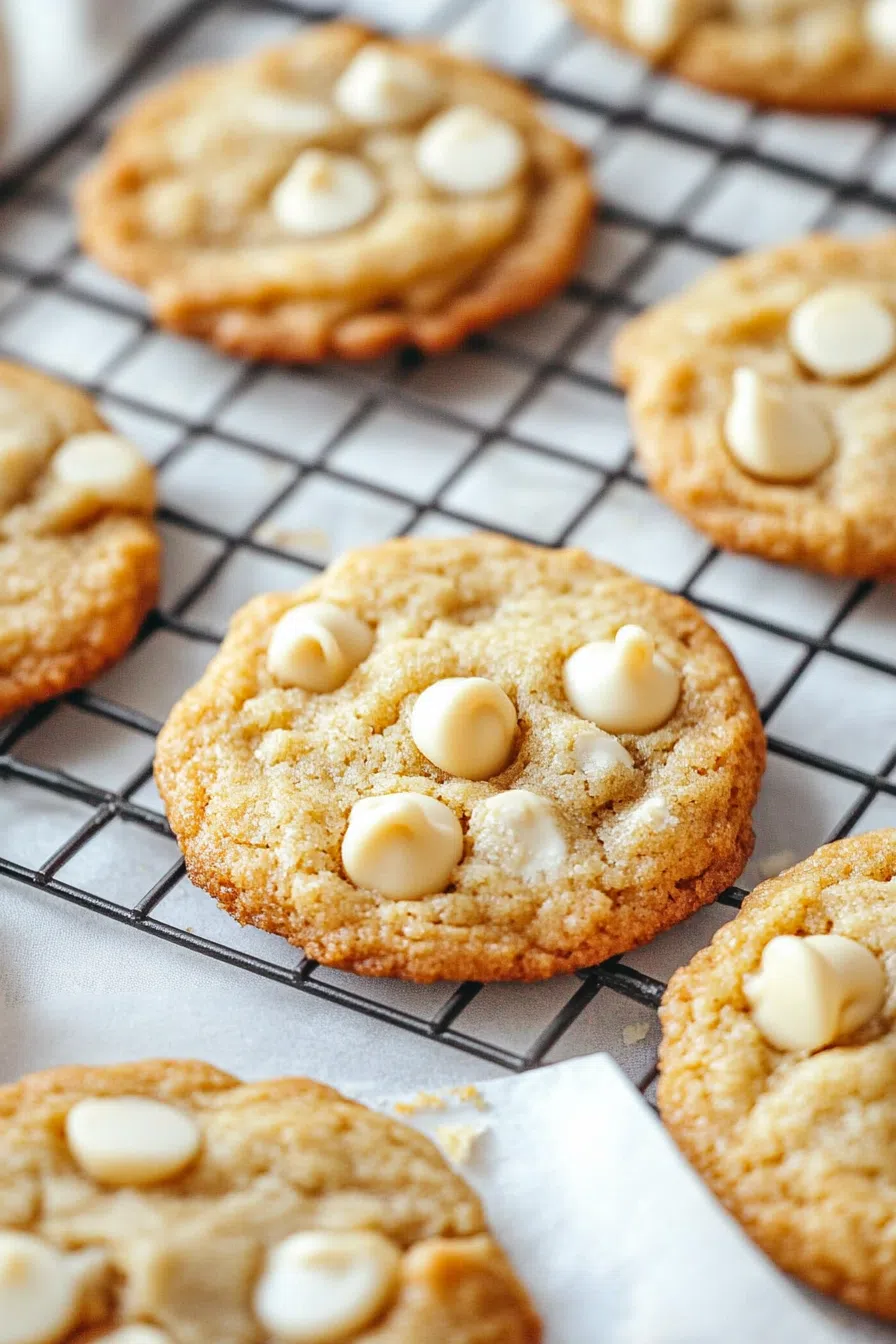White chocolate chip cookies with a soft texture and golden tops.