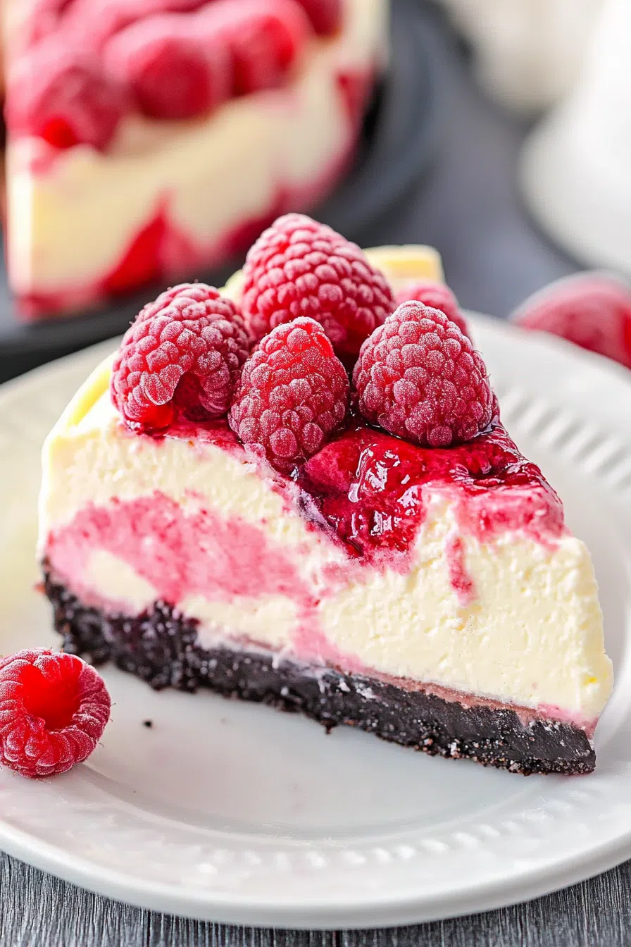Side angle of a round baked dessert with a golden edge and pink ripple details.