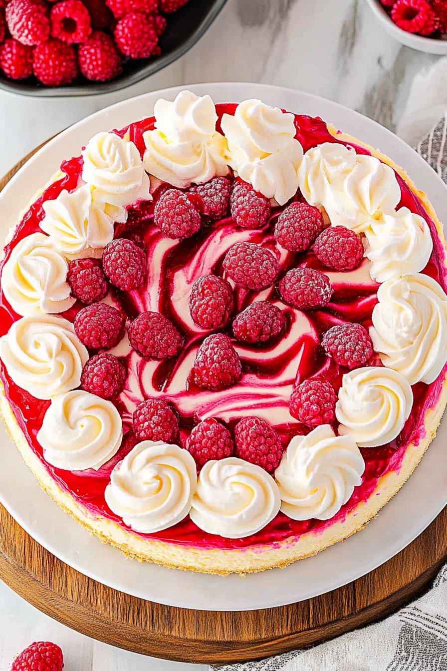 Overhead view of a smooth, marbled cheesecake topped with drizzled sauce.