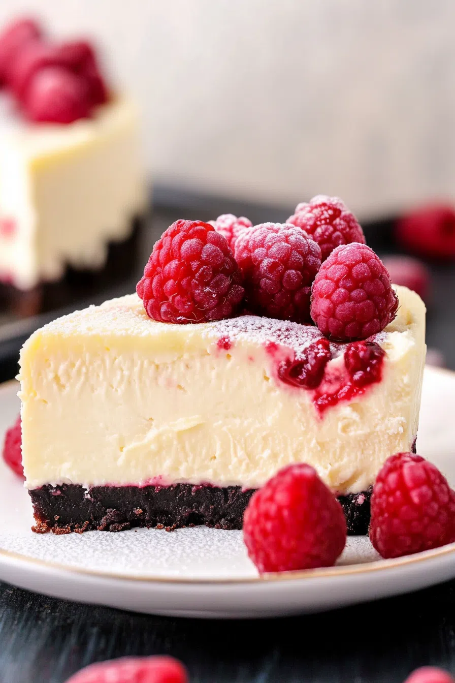 Close-up of a creamy dessert slice with swirls of red fruit and a crumbly crust.