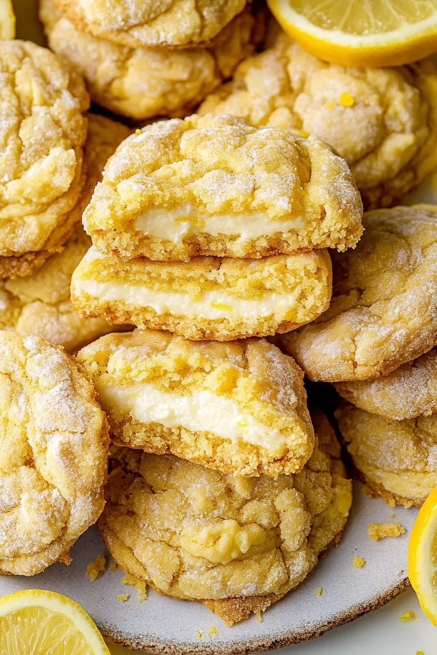 Plate of soft, golden cookies with creamy centers arranged on a neutral background.