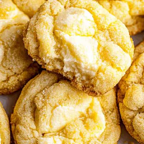 Close-up of round, golden cookies with a creamy center and lightly dusted edges.