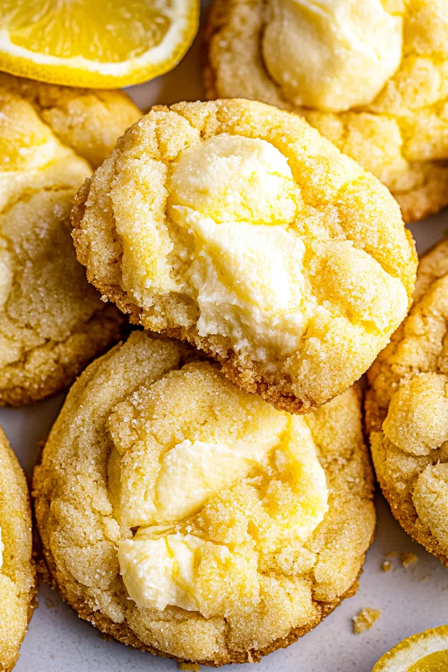 Close-up of round, golden cookies with a creamy center and lightly dusted edges.