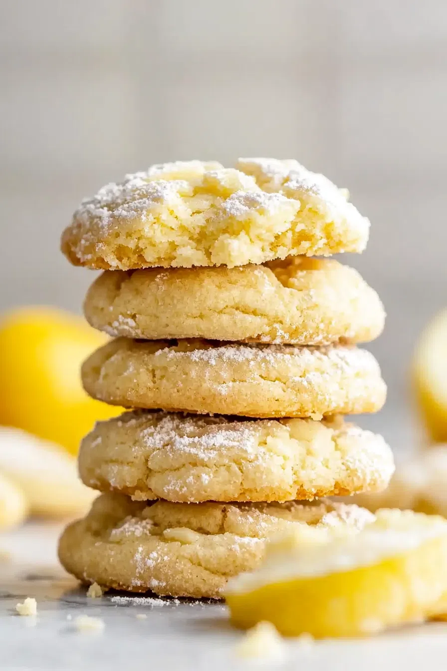 Stack of soft, filled cookies with a glossy top and delicate cracks.