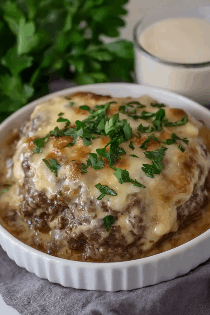 Close-up of sliced baked entrée with layers of meat and creamy sauce.